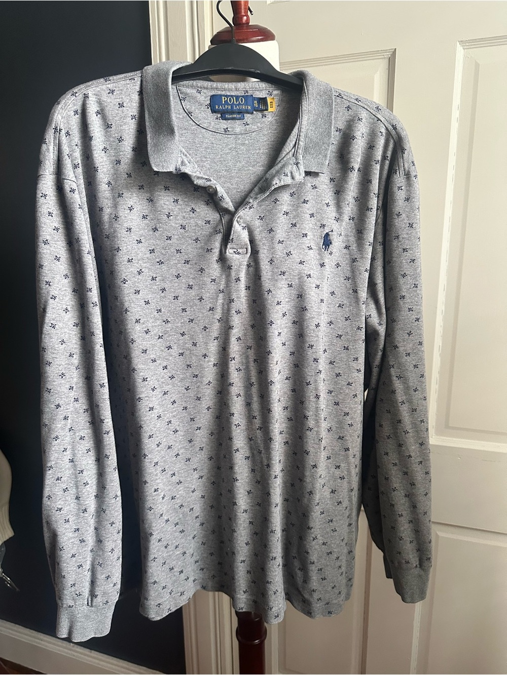 Ralph Lauren Men's Long Sleeve Polo in Heather Gray with Navy Micro-Print